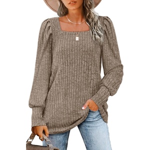 image:imageWIHOLL Long Sleeve Shirts for Women Trendy Casual Square Neck Tops Lightweight Sweaters10coffee