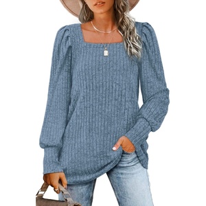 image:imageWIHOLL Long Sleeve Shirts for Women Trendy Casual Square Neck Tops Lightweight Sweaters11blue