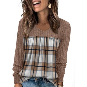 image:imageWIHOLL Long Sleeve Shirts for Women V Neck Lightweight Sweaters Casual Tunic Tops Outfits Fall Fashion Clothes 202616  Brown Black Plaid