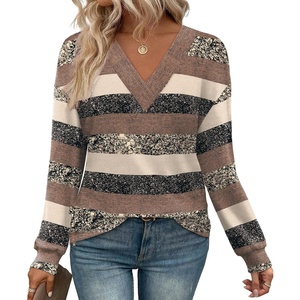 image:imageWIHOLL Long Sleeve Shirts for Women V Neck Tops Tunic 2026 Fall Outfits Winter Sweatshirts ClothesStripes Brown