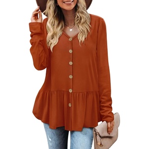 image:imageWIHOLL Long Sleeve Tops Shirts for Women Babydoll V Neck Buttons Ruffle Tunic Tops Blouses