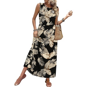 image:imageWIHOLL Summer Dresses for Women 2026 Maxi Dresses Long Flowy A Line Sleeveless Sundresses with PocketsBlack Beige Tropical Leaves