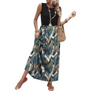 image:imageWIHOLL Summer Dresses for Women 2026 Maxi Dresses Long Flowy A Line Sleeveless Sundresses with PocketsBlack Palm Leaf