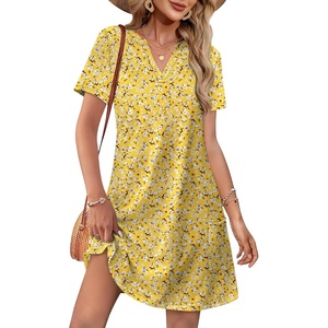image:imageWIHOLL Summer Dresses for Women Casual V Neck Wedding Guest Dress Hawaiian Midi Dress Fashion Beach Vacation Clothes2yellow Floral