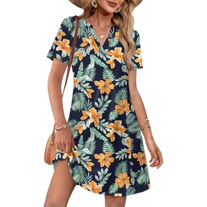 image:imageWIHOLL Summer Dresses for Women Casual V Neck Wedding Guest Dress Hawaiian Midi Dress Fashion Beach Vacation Clothes4tropical Bloom