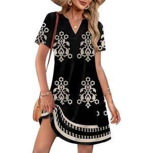 image:imageWIHOLL Summer Dresses for Women Casual V Neck Wedding Guest Dress Hawaiian Midi Dress Fashion Beach Vacation ClothesBlack Print