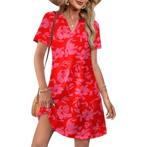image:imageWIHOLL Summer Dresses for Women Casual V Neck Wedding Guest Dress Hawaiian Midi Dress Fashion Beach Vacation ClothesFloral Magenta