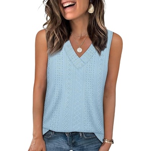 image:imageWIHOLL Tank Top for Women Summer Outfits V Neck T Shirts Trendy Eyelet Sleeveless Basic Beach Vacation ClothesLight Blue