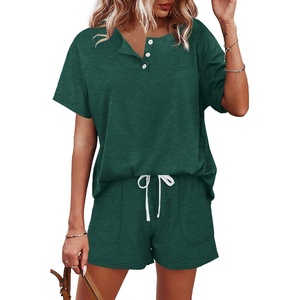 image:imageWIHOLL Two Piece Outfits for Women Lounge Sets Button Down Top and Shorts Set Sweatsuits with PocketsShort Sleeve  Dark Green