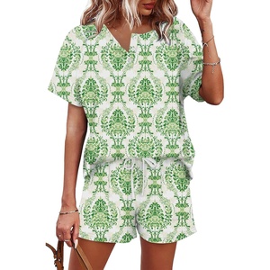 image:imageWIHOLL Two Piece Outfits for Women Lounge Sets Button Down Top and Shorts Set Sweatsuits with PocketsShort Sleeve  Green Floral