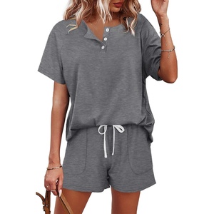 image:imageWIHOLL Two Piece Outfits for Women Lounge Sets Button Down Top and Shorts Set Sweatsuits with PocketsShort Sleeve  Grey