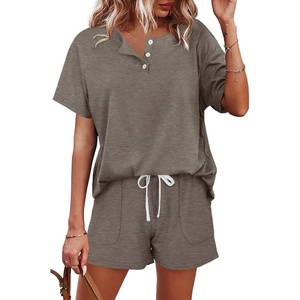 image:imageWIHOLL Two Piece Outfits for Women Lounge Sets Button Down Top and Shorts Set Sweatsuits with PocketsShort Sleeve  Khaki