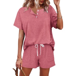 image:imageWIHOLL Two Piece Outfits for Women Lounge Sets Button Down Top and Shorts Set Sweatsuits with PocketsShort Sleeve  Pink
