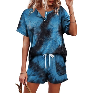 image:imageWIHOLL Two Piece Outfits for Women Lounge Sets Button Down Top and Shorts Set Sweatsuits with PocketsShort Sleeve  Tie Dye Blue