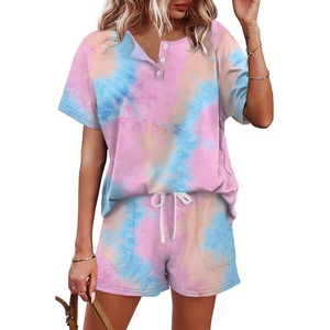 image:imageWIHOLL Two Piece Outfits for Women Lounge Sets Button Down Top and Shorts Set Sweatsuits with PocketsShort Sleeve  Tie Dye Pink