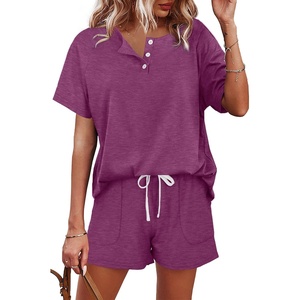 image:imageWIHOLL Two Piece Outfits for Women Lounge Sets Button Down Top and Shorts Set Sweatsuits with PocketsShort Sleeve  Violet