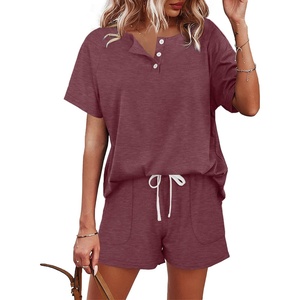 image:imageWIHOLL Two Piece Outfits for Women Lounge Sets Button Down Top and Shorts Set Sweatsuits with PocketsShort Sleeve Dark Red