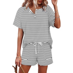 image:imageWIHOLL Two Piece Outfits for Women Lounge Sets Button Down Top and Shorts Set Sweatsuits with PocketsShort Sleeve Striped Black