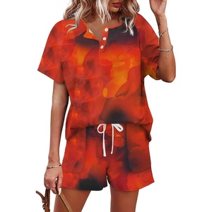 image:imageWIHOLL Two Piece Outfits for Women Lounge Sets Button Down Top and Shorts Set Sweatsuits with PocketsShort Sleeve Tie Dye Red