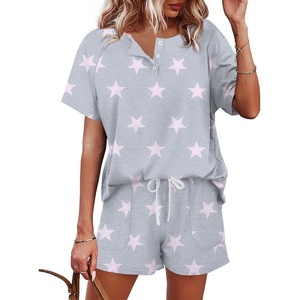 image:imageWIHOLL Two Piece Outfits for Women Lounge Sets Button Down Top and Shorts Set Sweatsuits with PocketsStar Printgrey