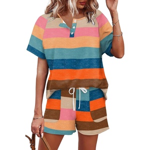 image:imageWIHOLL Two Piece Outfits for Women Lounge Sets Button Down Top and Shorts Set Sweatsuits with PocketsStriped Orange