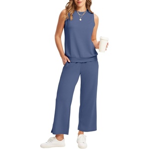image:imageWIHOLL Two Piece Set for Women Summer Outfits Vacation Lounge Sets Round Neck Matching Sets Wide Leg Crop PantsBlue