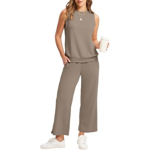 image:imageWIHOLL Two Piece Set for Women Summer Outfits Vacation Lounge Sets Round Neck Matching Sets Wide Leg Crop PantsCoffee