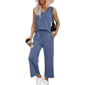 image:imageWIHOLL Two Piece Set for Women Summer Outfits Vacation Trendy Lounge Sets V Neck Matching SetsBlue