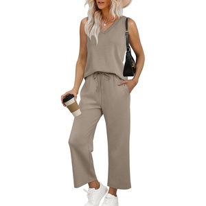 image:imageWIHOLL Two Piece Set for Women Summer Outfits Vacation Trendy Lounge Sets V Neck Matching SetsCoffee