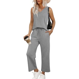 image:imageWIHOLL Two Piece Set for Women Summer Outfits Vacation Trendy Lounge Sets V Neck Matching SetsGrey