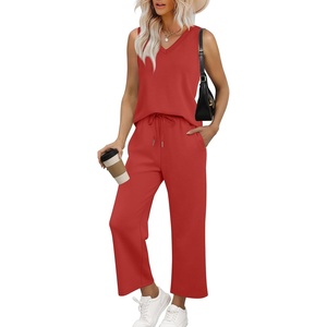 image:imageWIHOLL Two Piece Set for Women Summer Outfits Vacation Trendy Lounge Sets V Neck Matching SetsRed