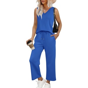image:imageWIHOLL Two Piece Set for Women Summer Outfits Vacation Trendy Lounge Sets V Neck Matching SetsRoyal Blue