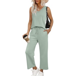image:imageWIHOLL Two Piece Set for Women Summer Outfits Vacation Trendy Lounge Sets V Neck Matching SetsSage Green