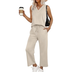 image:imageWIHOLL Two Piece Sets for Women Summer Outfits Matching Lounge Sets Wide Leg Crop Pants Vacation Travel1beige