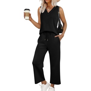 image:imageWIHOLL Two Piece Sets for Women Summer Outfits Matching Lounge Sets Wide Leg Crop Pants Vacation Travel1black