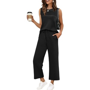 image:imageWIHOLL Two Piece Sets for Women Summer Outfits Matching Lounge Sets Wide Leg Crop Pants Vacation TravelBlack