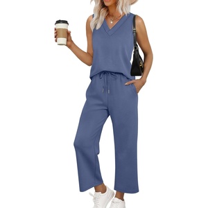 image:imageWIHOLL Two Piece Sets for Women Summer Outfits Matching Lounge Sets Wide Leg Crop Pants Vacation TravelBlue2