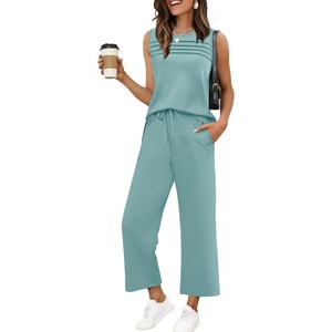 image:imageWIHOLL Two Piece Sets for Women Summer Outfits Matching Lounge Sets Wide Leg Crop Pants Vacation TravelLake Blue