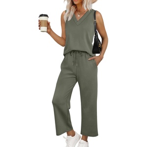 image:imageWIHOLL Two Piece Sets for Women Summer Outfits Matching Lounge Sets Wide Leg Crop Pants Vacation TravelOlive Green