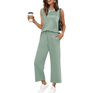 image:imageWIHOLL Two Piece Sets for Women Summer Outfits Matching Lounge Sets Wide Leg Crop Pants Vacation TravelSage Green