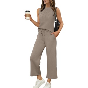 image:imageWIHOLL Two Piece Sets for Women Summer Vacation Travel Outfits Pleated Tank Top Wide Leg Crop Pants Matching Lounge Sets