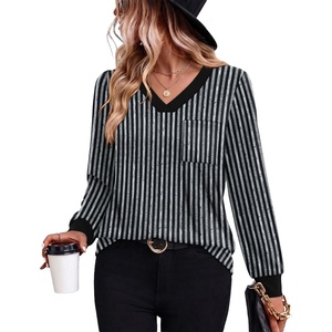 image:imageWIHOLL V Neck Long Sleeve Shirts Womens Tops Dressy Casual Fall OutfitsBlack White Grey Stripe