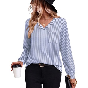 image:imageWIHOLL V Neck Long Sleeve Shirts Womens Tops Dressy Casual Fall OutfitsBlue White Stripe