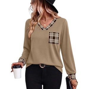 image:imageWIHOLL V Neck Long Sleeve Shirts Womens Tops Dressy Casual Fall OutfitsCaramel Taupe Plaid