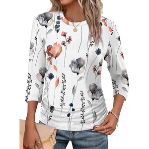 image:imageWIHOLL Womens 34 Length Sleeve Tops Crewneck Ruched Summer Shirts 2026 Business Casual Outfits Blouses Spring Clothes07  Floral White