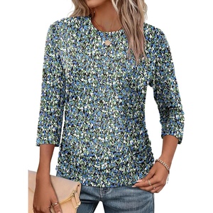 image:imageWIHOLL Womens 34 Length Sleeve Tops Crewneck Ruched Summer Shirts 2026 Business Casual Outfits Blouses Spring Clothes12  Floral Blue