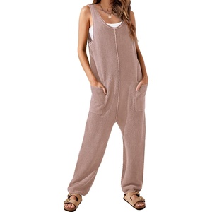 image:imageWIHOLL Womens Casual Loose Knit Jumpsuits Sleeveless V Neck Romper with Pocket and Long Pants Overalls