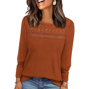 image:imageWIHOLL Womens Lace Long Sleeve Shirts Fall Tops Fashion Dressy Casual Lightweight Sweaters Mesh Clothes Trendy Waffle KnitBcaramel