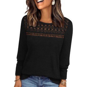image:imageWIHOLL Womens Lace Long Sleeve Shirts Fall Tops Fashion Dressy Casual Lightweight Sweaters Mesh Clothes Trendy Waffle KnitCblack