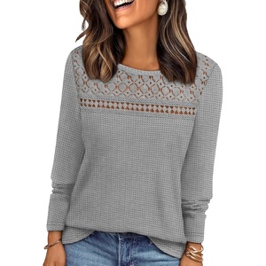 image:imageWIHOLL Womens Lace Long Sleeve Shirts Fall Tops Fashion Dressy Casual Lightweight Sweaters Mesh Clothes Trendy Waffle KnitEgrey